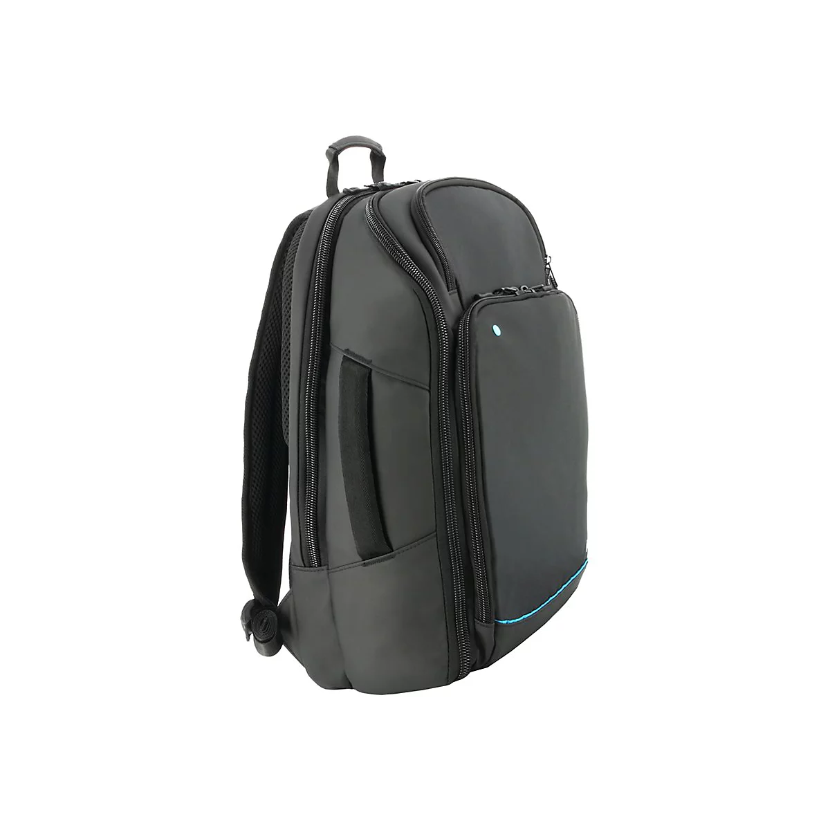 Schwarzer Rucksack mit mehreren Fächern. Blaue Akzente an Reißverschlüssen und einem LED-Licht.