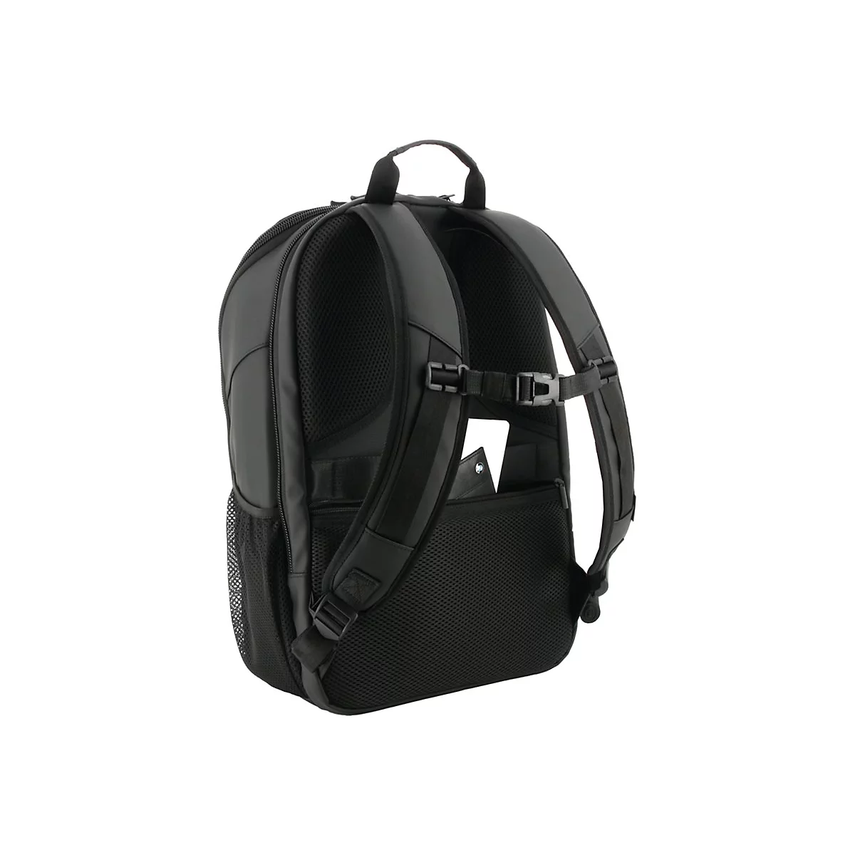 Schwarzer Rucksack, Rückansicht. Details: Polsterung, Schultergurte, Netzstoff-Seitentasche.