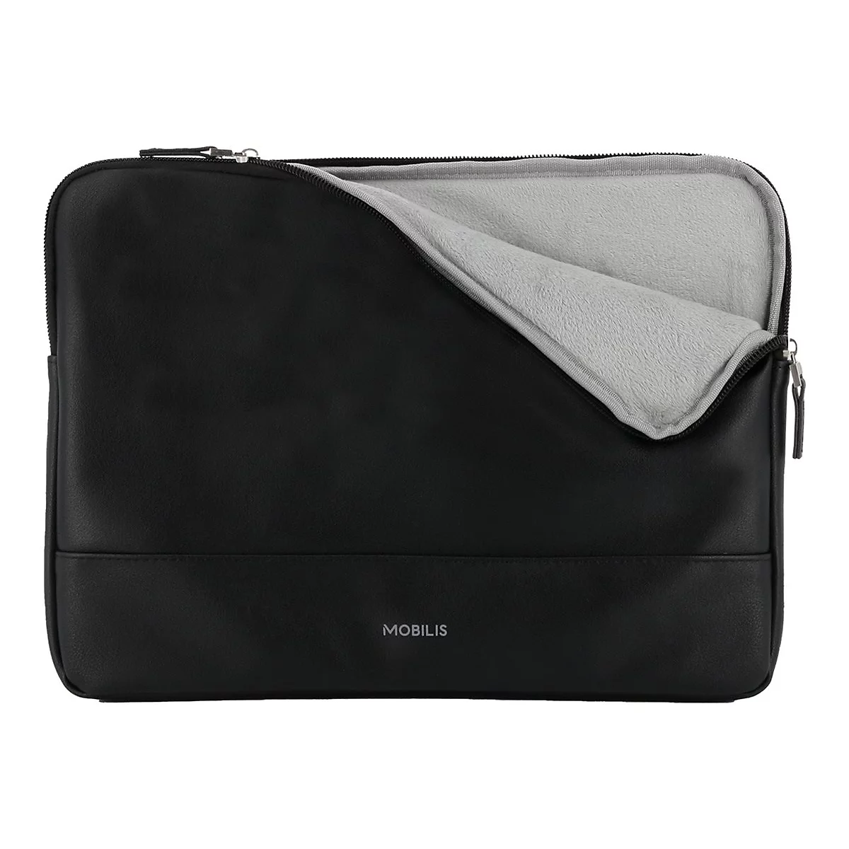 Housse d'ordinateur portable noire avec intérieur gris, partiellement ouverte avec fermeture éclair. Le sac dit 'MOBILIS'.
