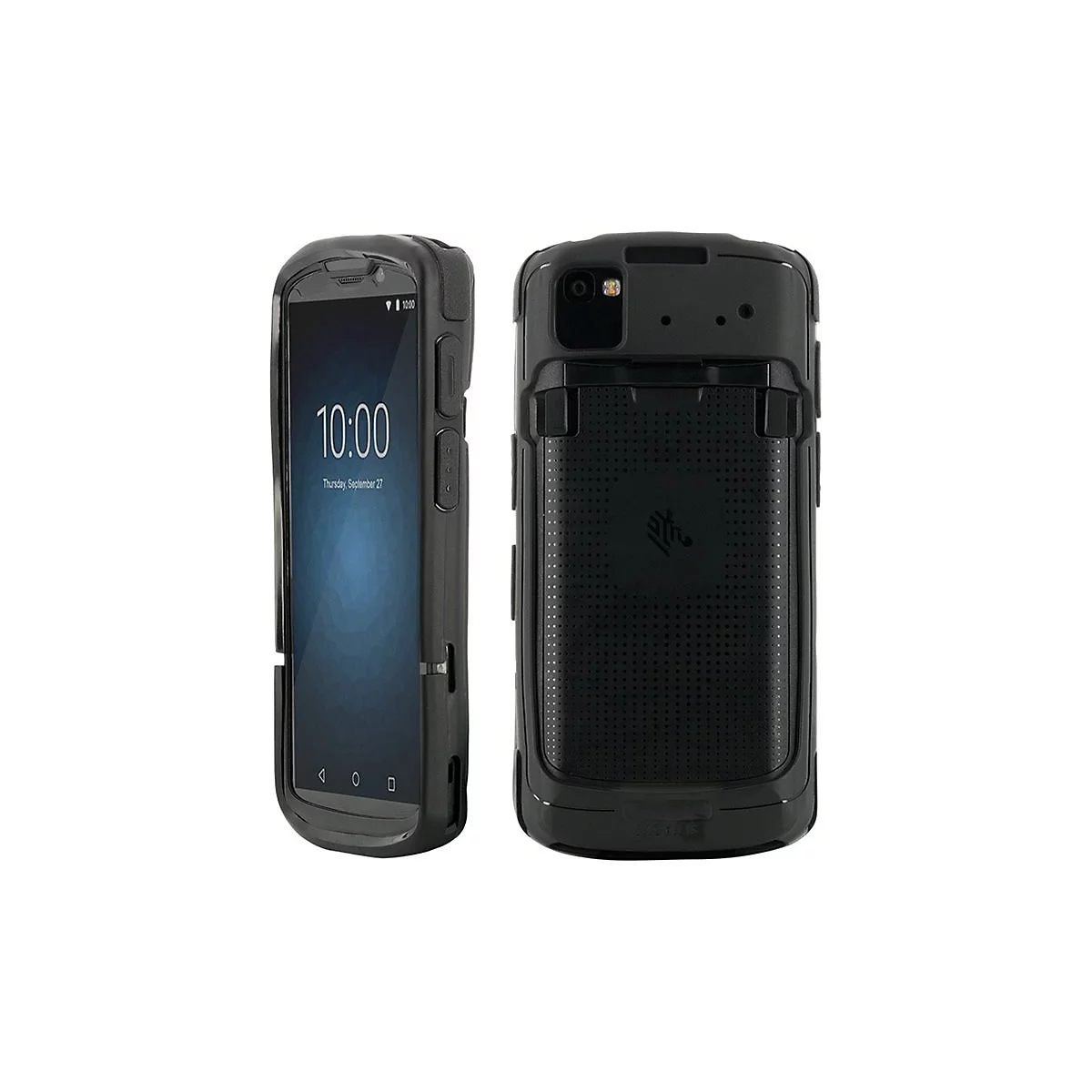 Deux smartphones noirs et robustes. L'un affiche l'heure 10h00. L'autre est doté d'une caméra et d'un motif de trous au dos.