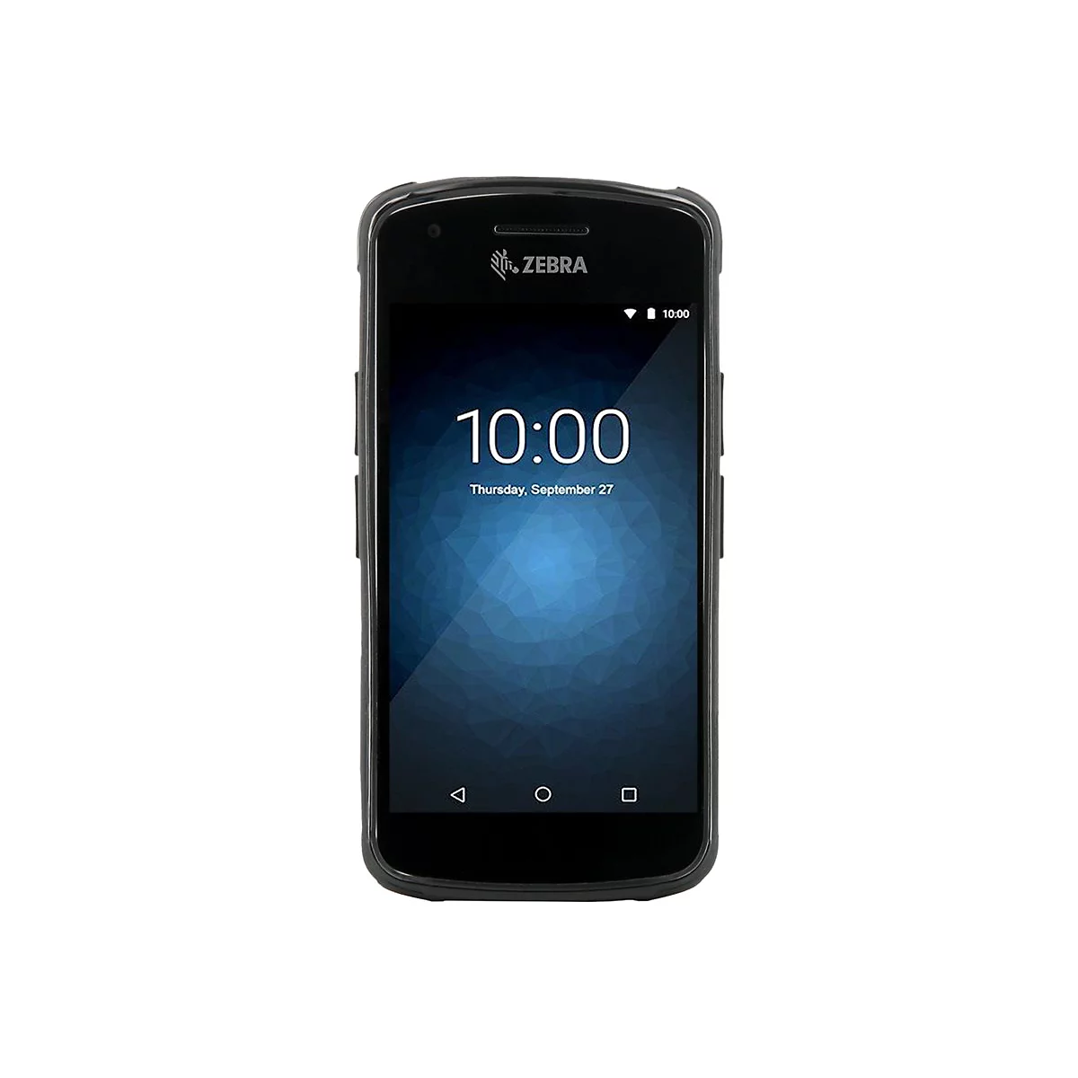 Ein schwarzes Smartphone mit Uhrzeit 10:00 Uhr auf dem Bildschirm. Zebra-Logo oben.