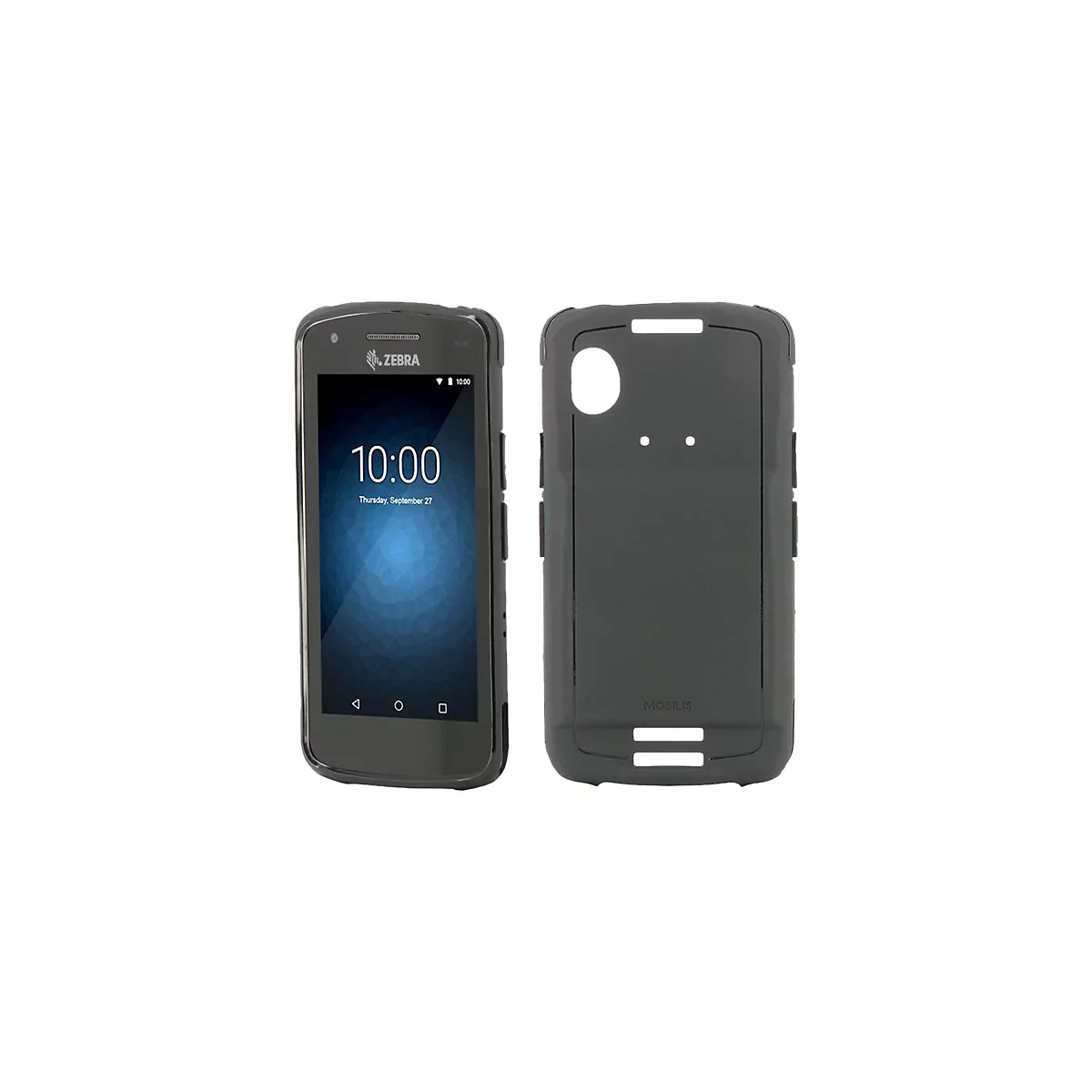 Schwarzgraues Smartphone mit Hülle. Auf dem Display: 10:00 Uhr, Donnerstag, 27. September. Die Hülle trägt den Schriftzug MOBILIS.
