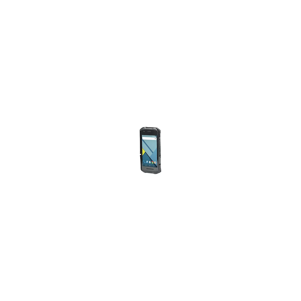 Robustes Smartphone mit schwarzem Rahmen, Display mit Apps, gelben und blauen geometrischen Formen.