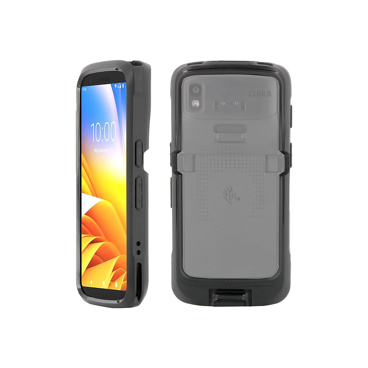 Ein schwarzes Smartphone in einer Schutzhülle, Ansicht von Vorder- und Rückseite. Uhrzeit 10:00 Uhr auf dem Bildschirm.