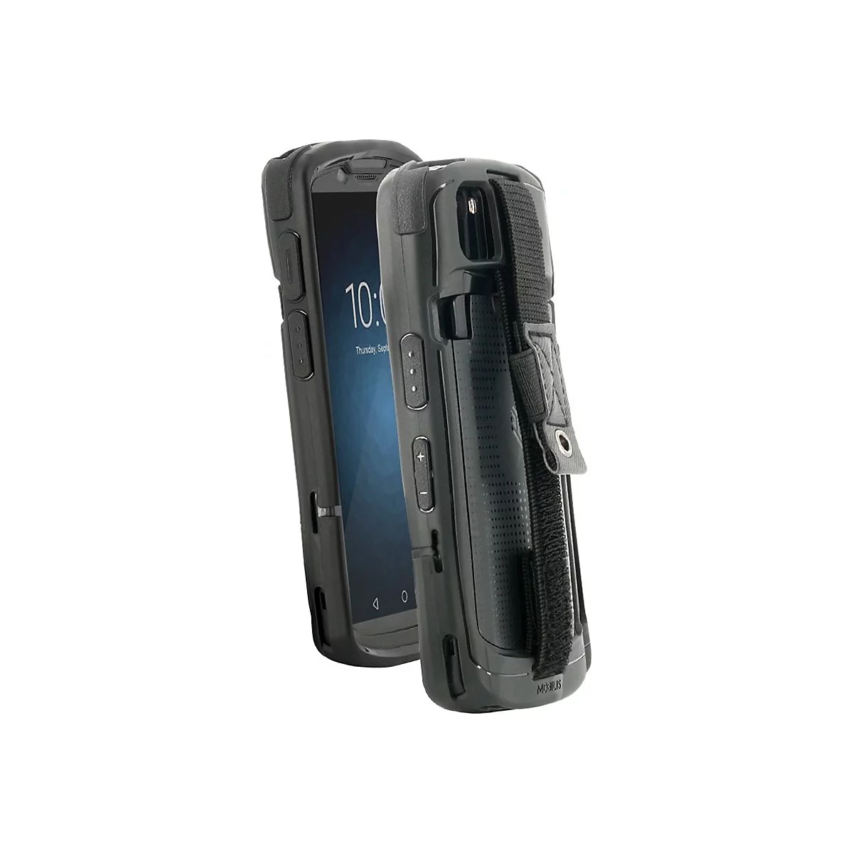 Zwei schwarze Handheld-Geräte mit Schutzhülle, ein Bildschirm zeigt Uhrzeit. Auf der Rückseite befindet sich ein Handriemen.