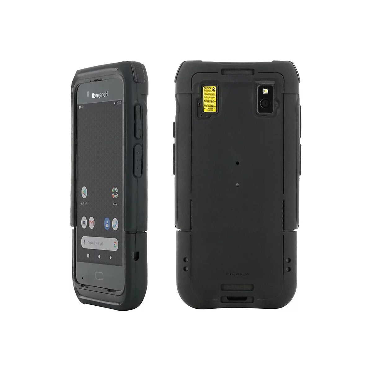 Schwarzes Smartphone mit Schutzhülle, Vorder- und Rückseite. Vorsichtshinweis. Bildschirm zeigt Apps.