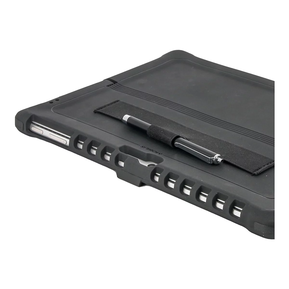 Schwarze Tablet-Hülle mit Halterung für Stift und Handschlaufe. Detailansicht des Gehäuserandes mit Aussparungen.