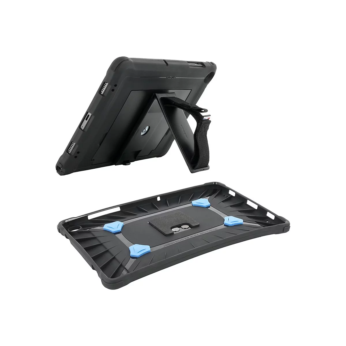 Schwarzes Tablet Case in zwei Teilen: Rückseite mit Halterung und Vorderseite mit blauen Gummipunkten.