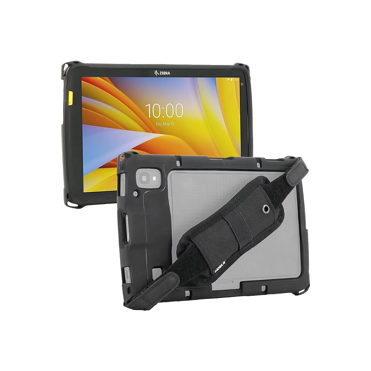 Schwarzes Tablet mit Schutzhülle und Handschlaufe. Auf dem Bildschirm ist die Uhrzeit 10:00 zu sehen.