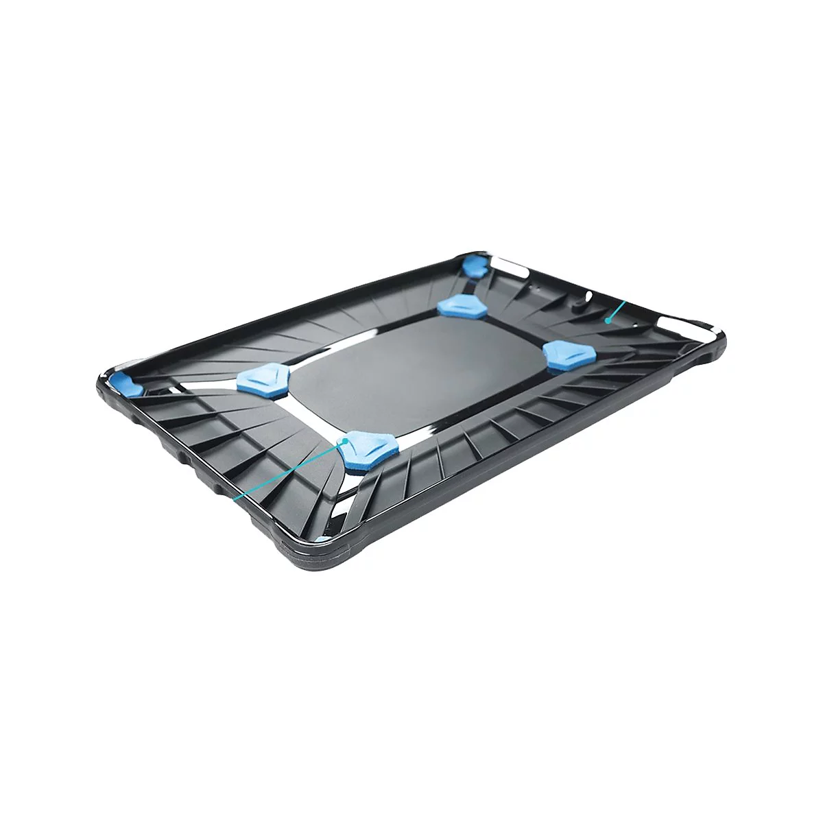 Schwarze Tablet-Schutzhülle mit blauen Dreiecken an den Ecken und in der Mitte, auf weißem Hintergrund.