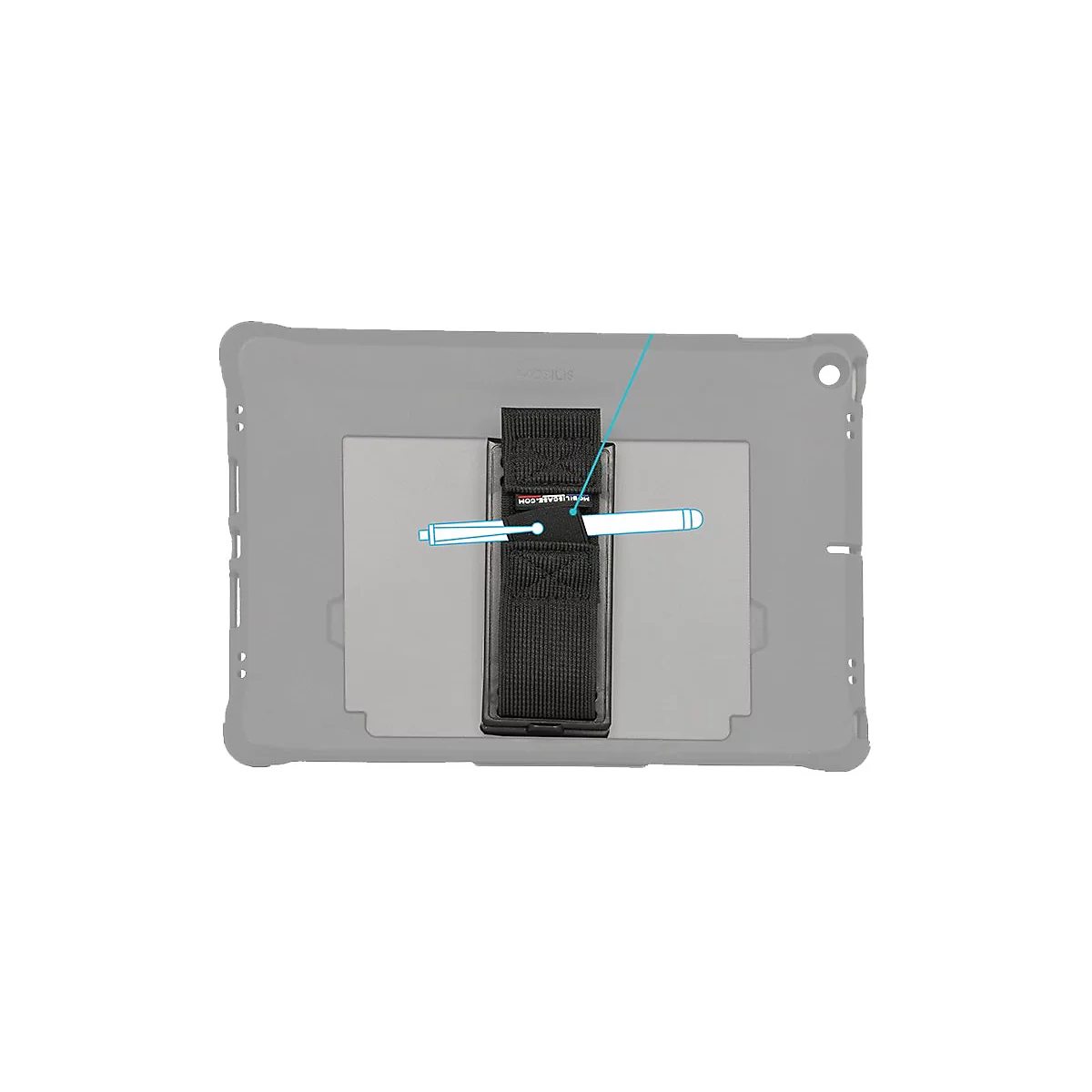 Grauer Tablet-Rückseite mit schwarzem, fest montiertem Gurt. Text: mobilebase.com. Blaue Linie zum Stift.