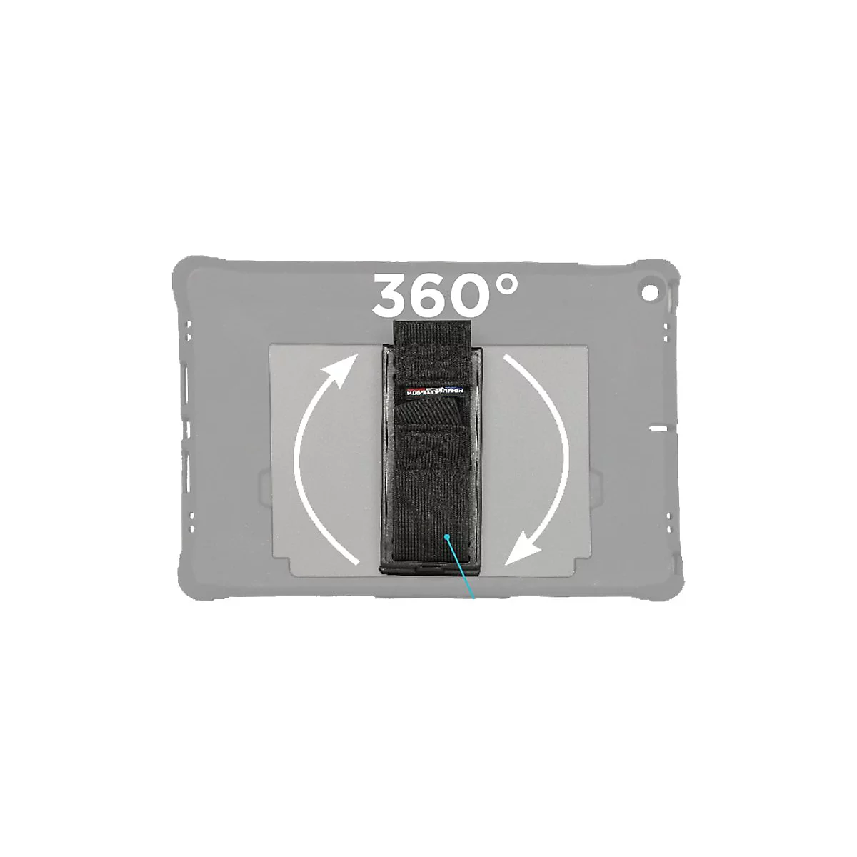 Grauer Tablet-Rahmen mit schwarzem Riemen, der sich um 360 Grad drehen lässt.