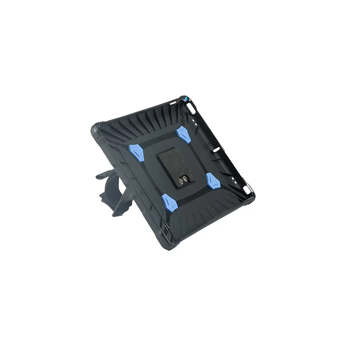 Schwarze Tablet-Schutzhülle, Rückseite, blaue Halterungen, Klettverschluss-Handgelenkband.