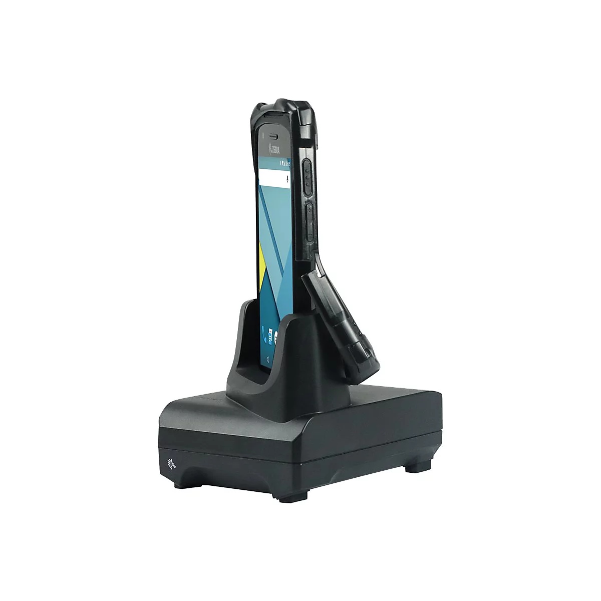 Schwarzes Smartphone in einer Ladestation vor weißem Hintergrund. Das Telefon hat ein blaues Display.