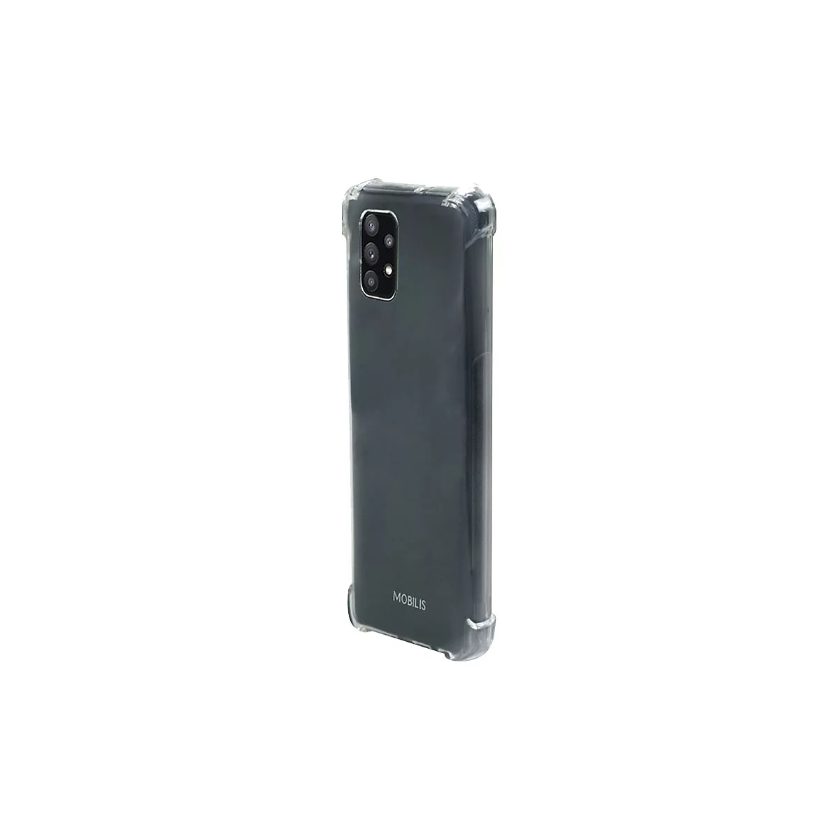 Transparentes Mobilis Schutzcase an einem schwarzen Smartphone auf weißem Hintergrund.