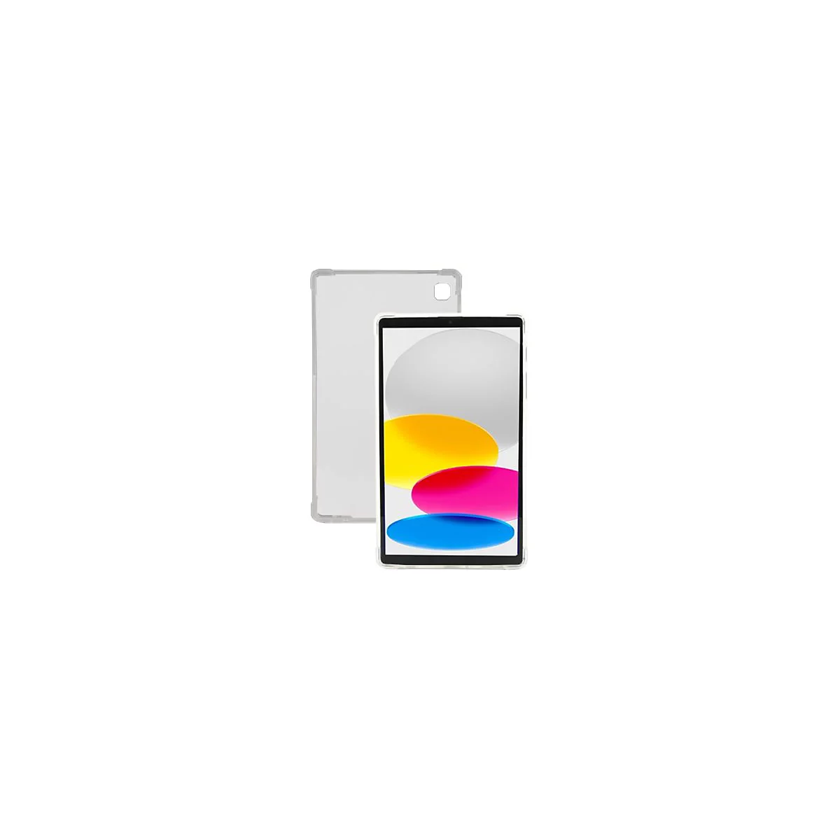 Tablet mit Hülle, auf weissem Hintergrund. Farben auf dem Bildschirm: Gelb, Pink, Blau.