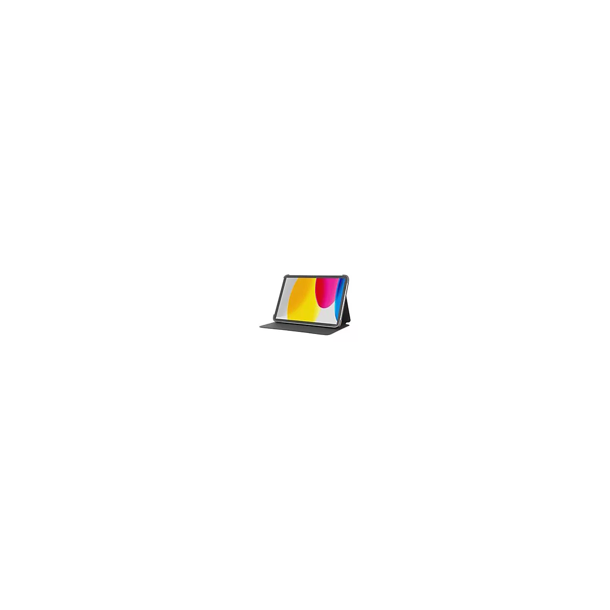 Ein Tablet in einer Hülle, die auf einer Tischfläche steht. Das Display zeigt farbige Formen.