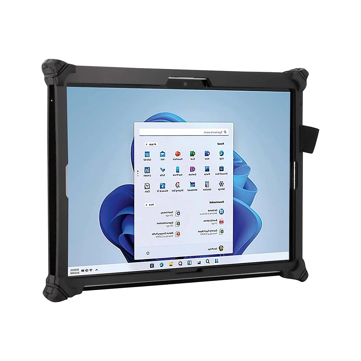 Schwarzes Tablet mit Schutzhülle. Auf dem Bildschirm ist ein Windows-Desktop mit App-Symbolen und Suchleiste zu sehen.