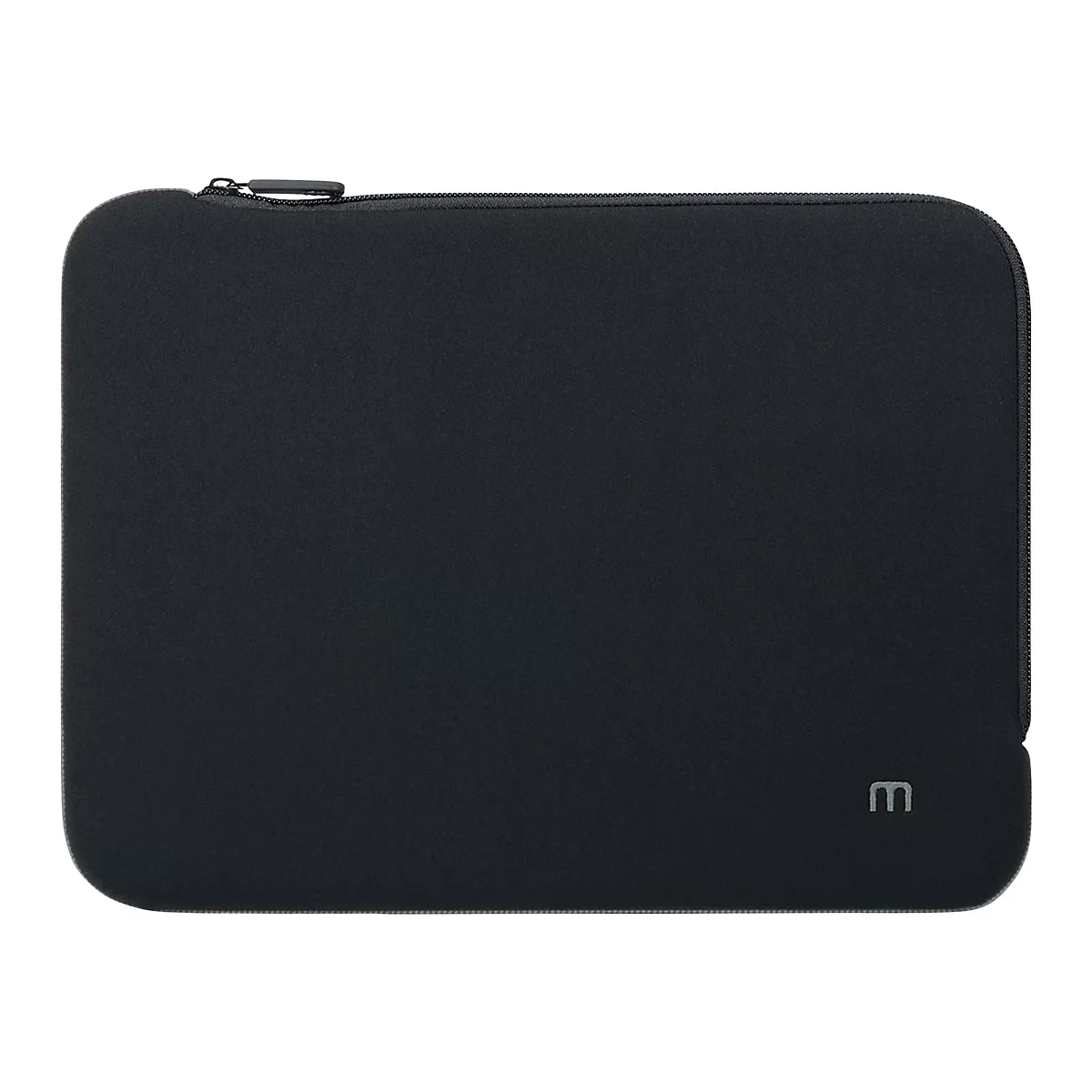 Schwarze Laptophülle mit Reißverschluss und kleinem Markenlogo in der unteren rechten Ecke.