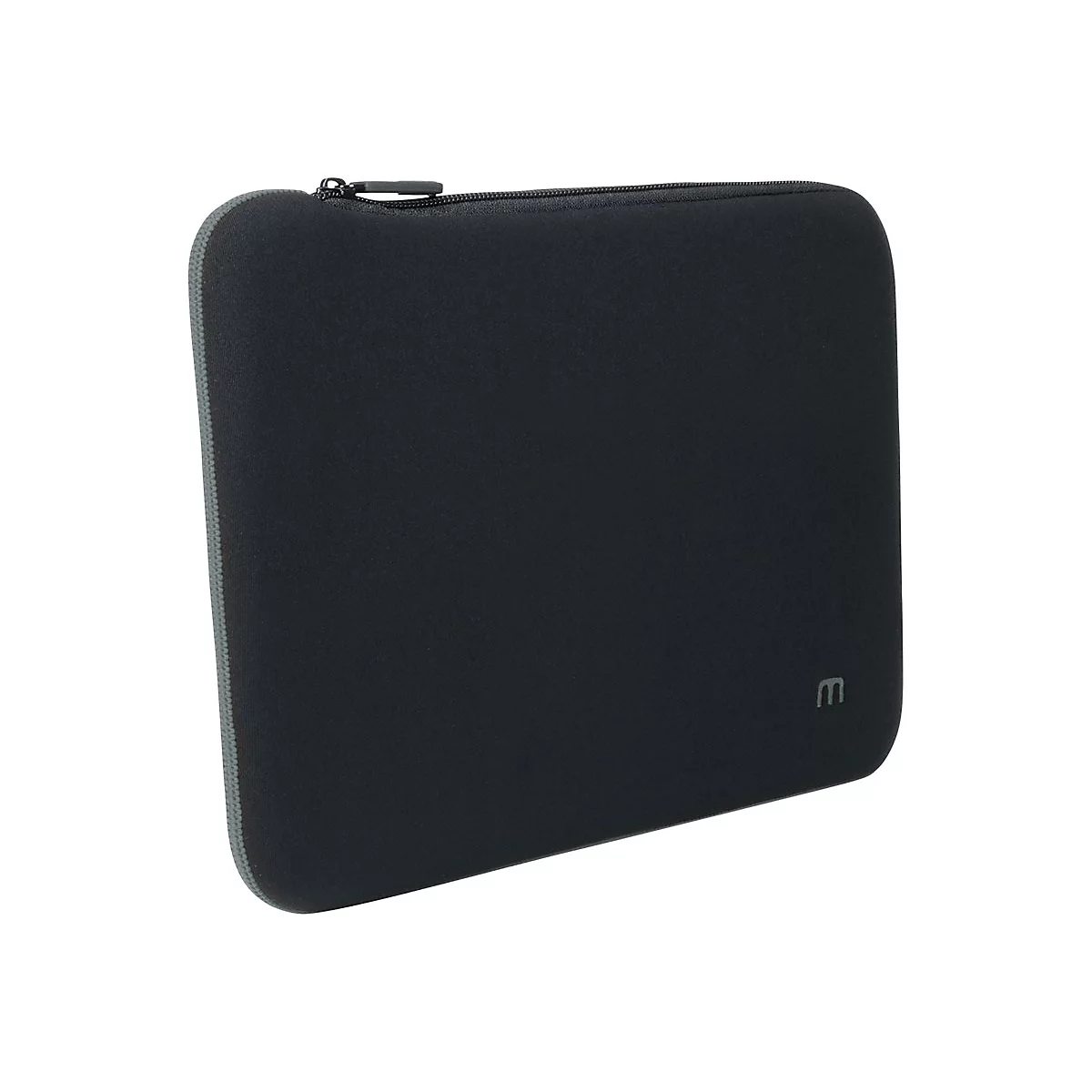 Schwarze Laptoptasche mit Reißverschluss und grau abgesetzten Nähten. Kleines Logo unten rechts.