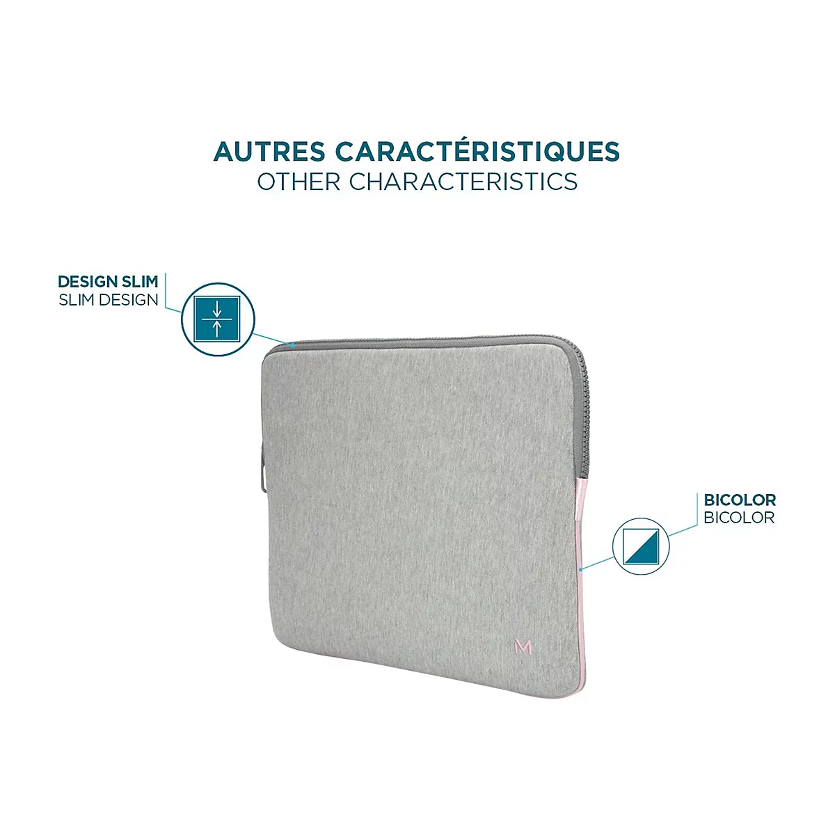 Graue Laptoptasche mit Reißverschluss und rosafarbenem Akzent, hervorgehoben mit zwei Merkmalen zum schlanken Design und zweifarbigen Look.