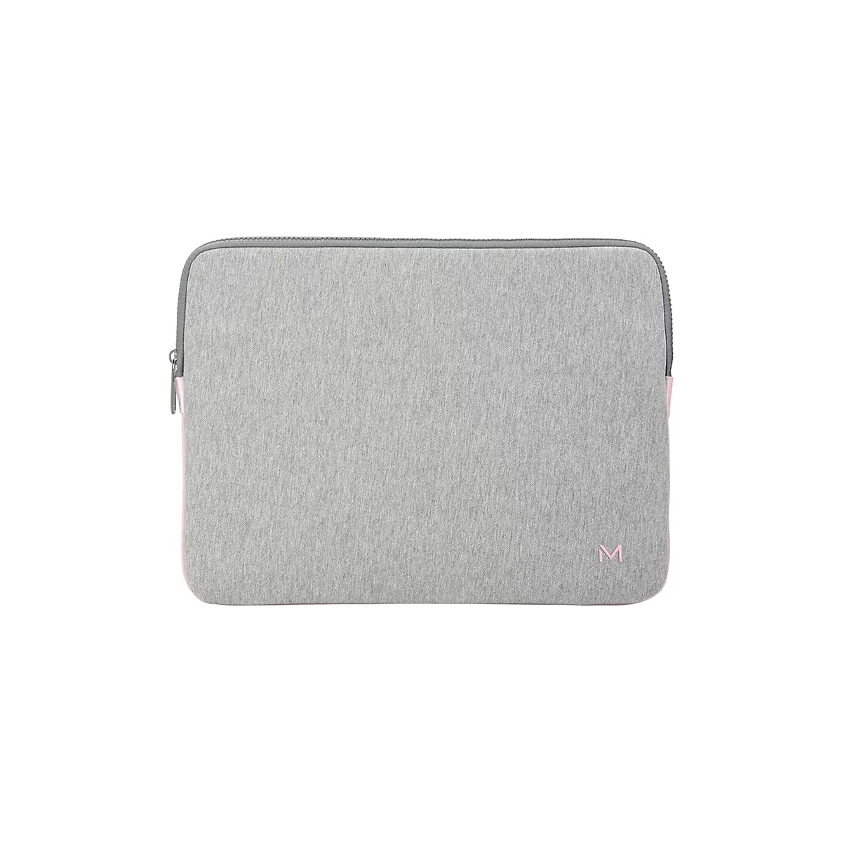 Hellgraue Laptoptasche mit Textilstruktur, grauem Reißverschluss und dezenten rosa Akzenten, vor weißem Hintergrund.