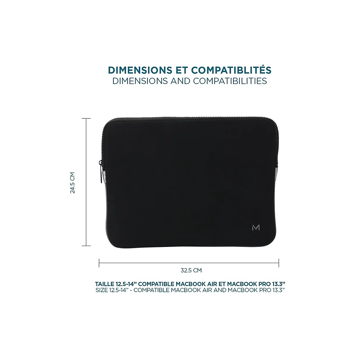 Schwarze Laptoptasche mit Maßangaben von 32,5 cm mal 24,5 cm, kompatibel mit 12,5-14 Zoll Geräten.