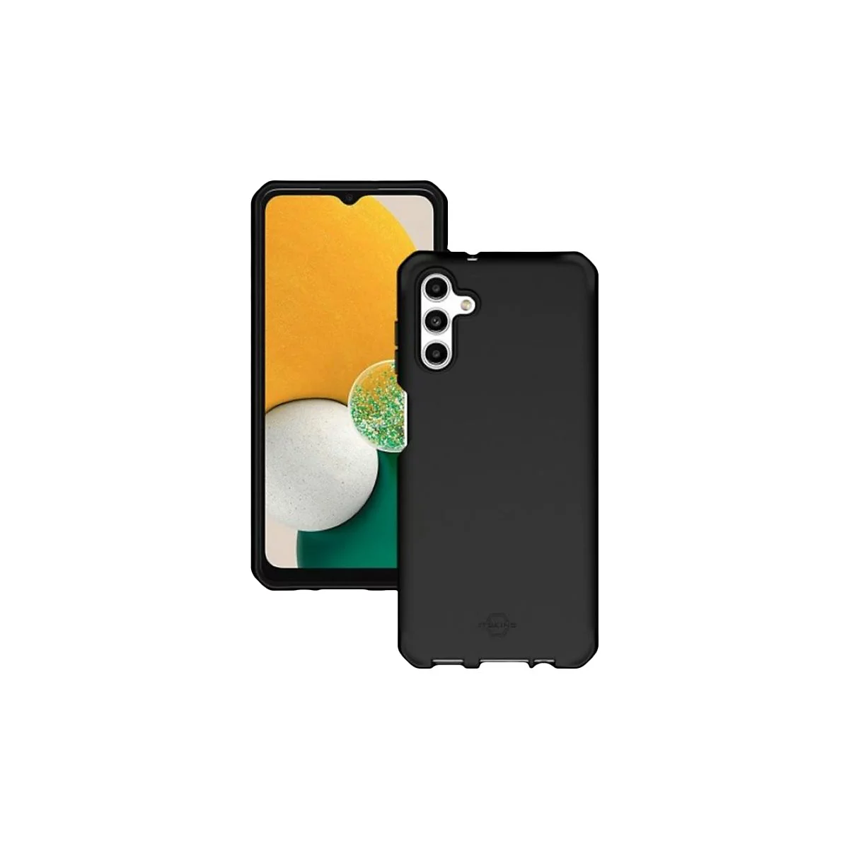 Ein schwarzes Smartphone mit einer schwarzen Schutzhülle, vor weißem Hintergrund. Die Hülle liegt neben dem Handy.