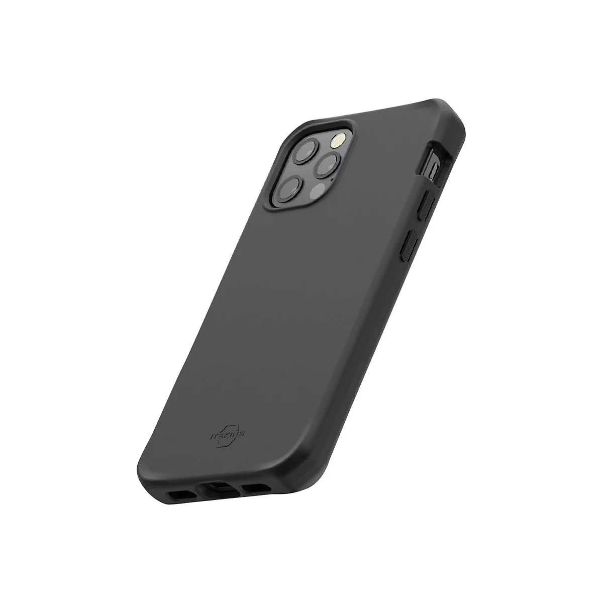 Schwarze Handyhülle für ein Smartphone, schräg von oben rechts fotografiert. Aufschrift: itskins.
