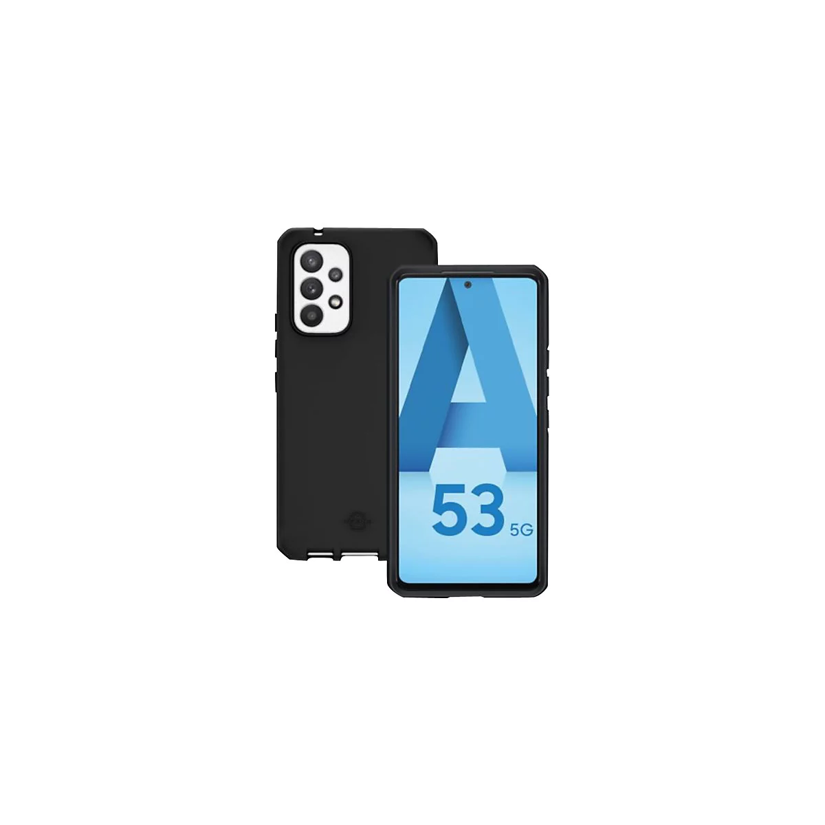 Schwarzes Smartphone mit Schutzhülle. Das Display zeigt ein blaues 'A' und die Zahlen 53 mit '5G'.