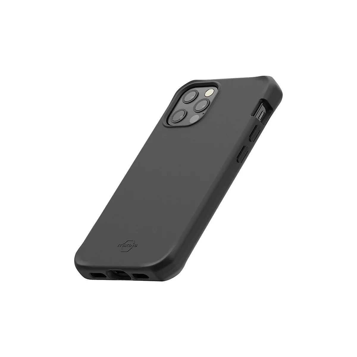 Schwarze, matte Schutzhülle für ein Smartphone mit Aussparungen für die Kamera und seitliche Tasten.