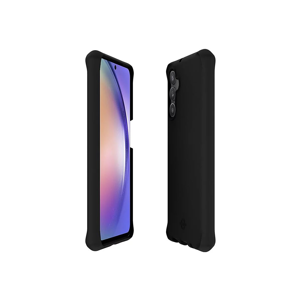 Ein schwarzes Smartphone mit Hülle, links das Display, rechts die Rückseite. Kamera und Logo erkennbar.