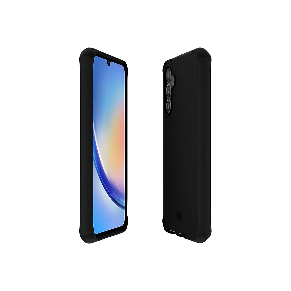 Zwei schwarze Smartphone-Hüllen, eine zeigt die Vorderseite des Telefons mit Bildschirm, die andere die Rückseite mit Kameras.