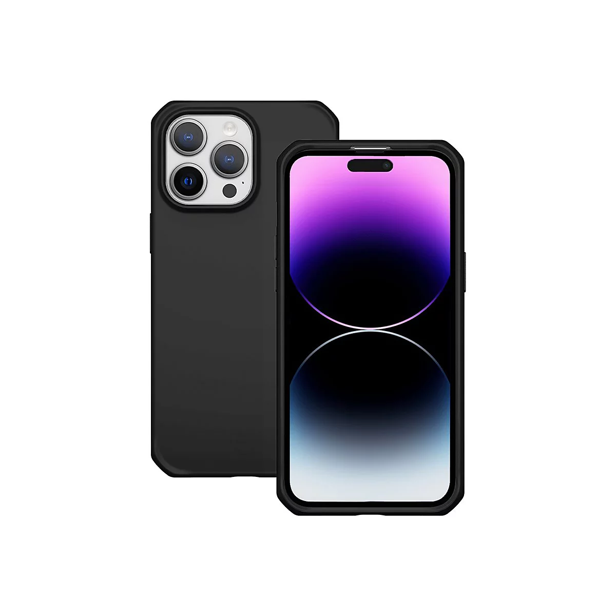 Zwei schwarze iPhones, eines mit Display, das andere mit Rückseite nach oben. Beide haben Hüllen.