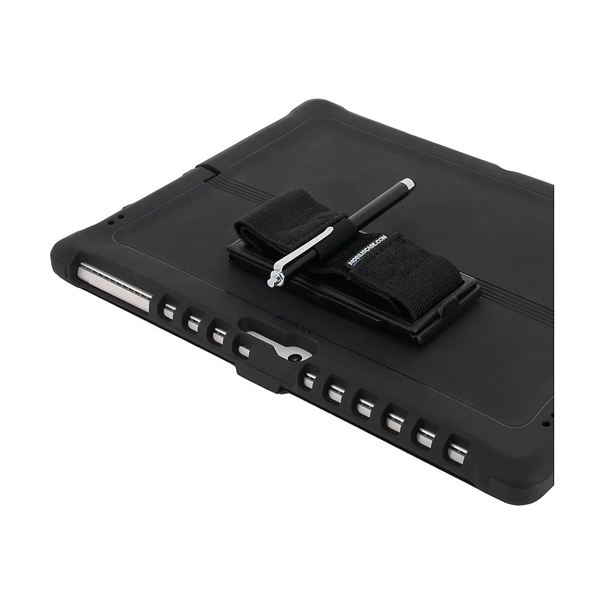 Schwarze Tablet-Hülle mit Halterung für Stift und Handschlaufe. Aufschrift: mobilecase.com