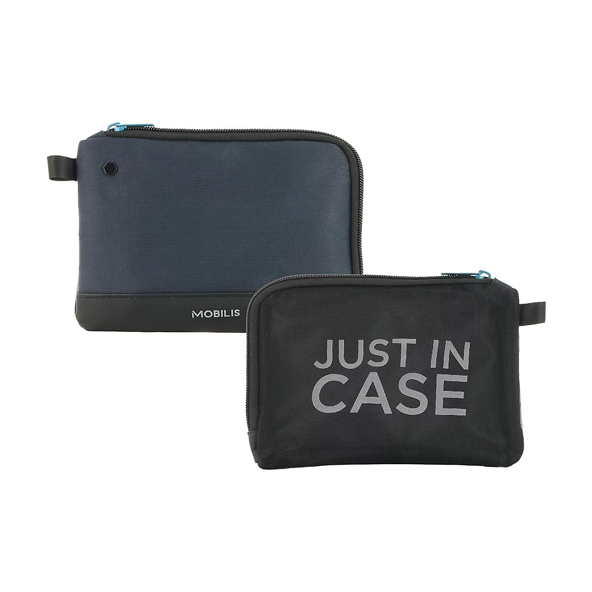 Zwei Etuis in Blau und Schwarz. Das obere Etui ist größer und trägt den Aufdruck MOBILIS. Das untere Etui hat den Schriftzug JUST IN CASE.