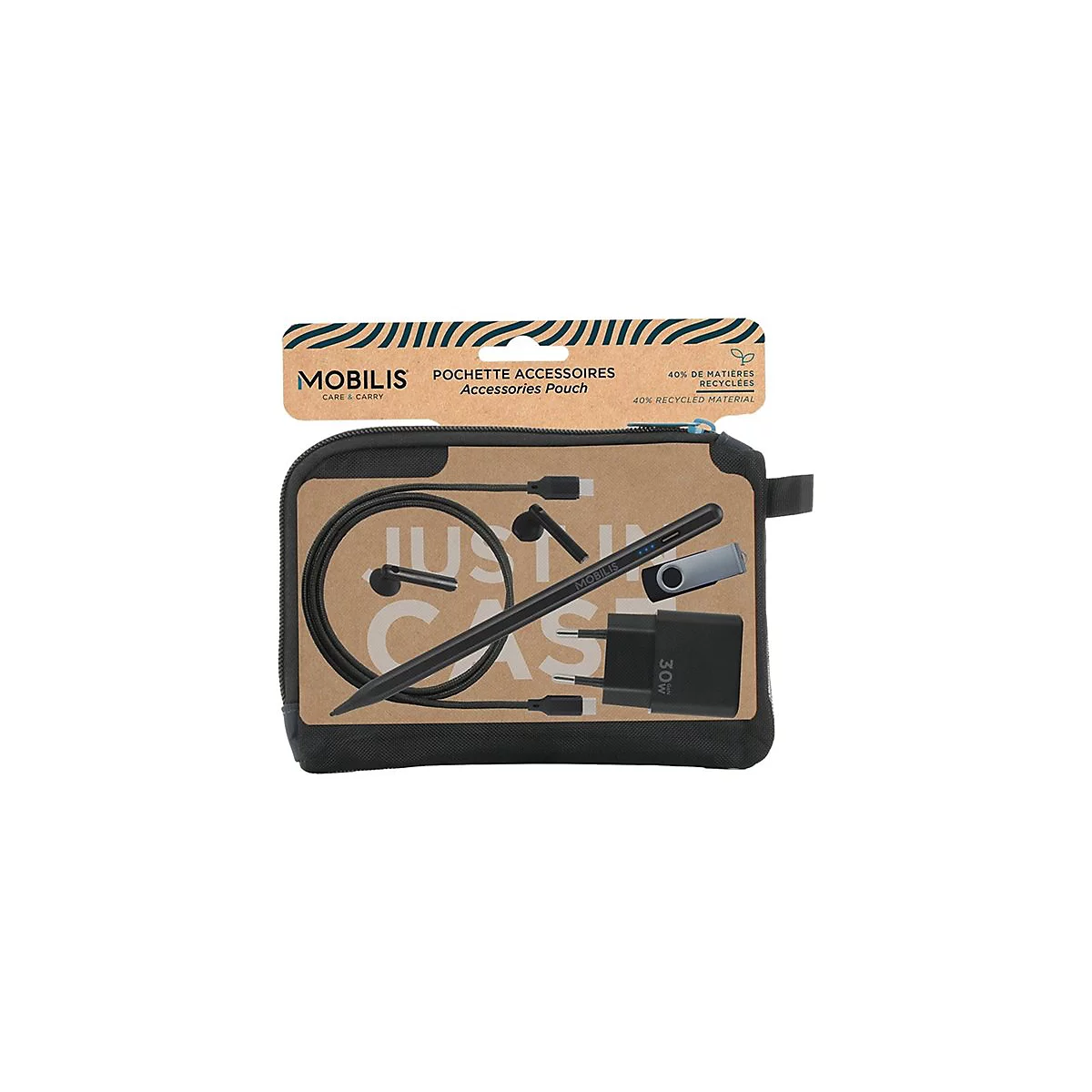 Schwarze Accessoire-Tasche mit diversen elektronischen Geräten, darunter ein Ladekabel, Ohrhörer, USB-Stick und ein Ladegerät.
