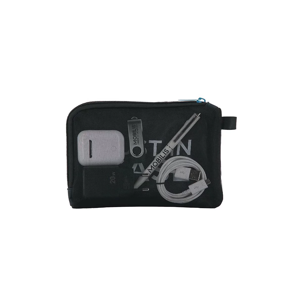Schwarze Tasche mit Tech-Zubehör: Kopfhörer, Stift, Kabel, USB-Stick, Ladegerät. 'MOBILIS'-Schriftzug.