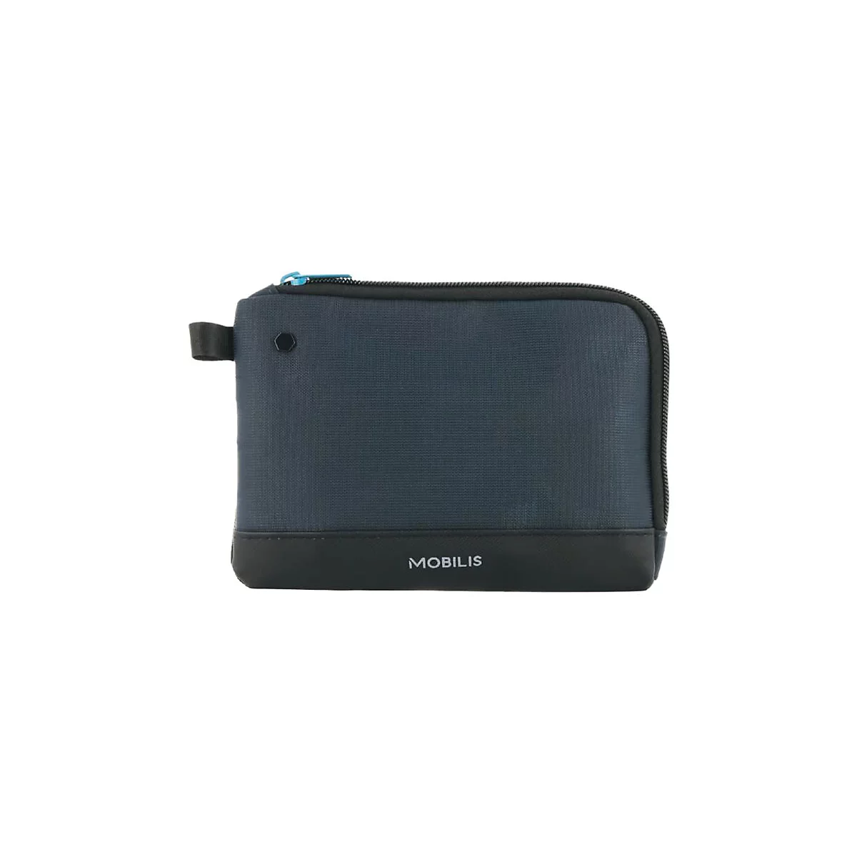Dunkelblaue Tasche mit Reißverschluss, Griffschlaufe und Markenlogo MOBILIS.