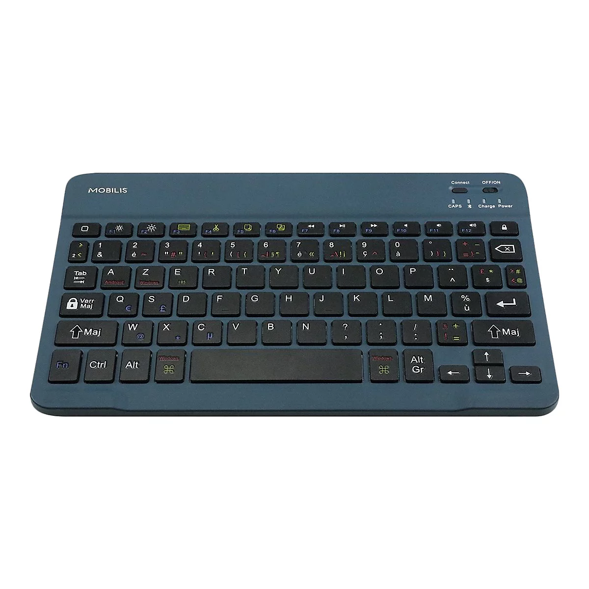 Blaues Mobilis AZERTY-Keyboard für Tablets vor neutralem Hintergrund.
