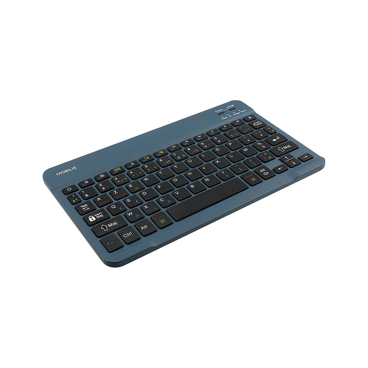 Flache, blaue Mobilis Bluetooth-Tastatur mit schwarzem AZERTY-Tastenlayout vor weißem Hintergrund.