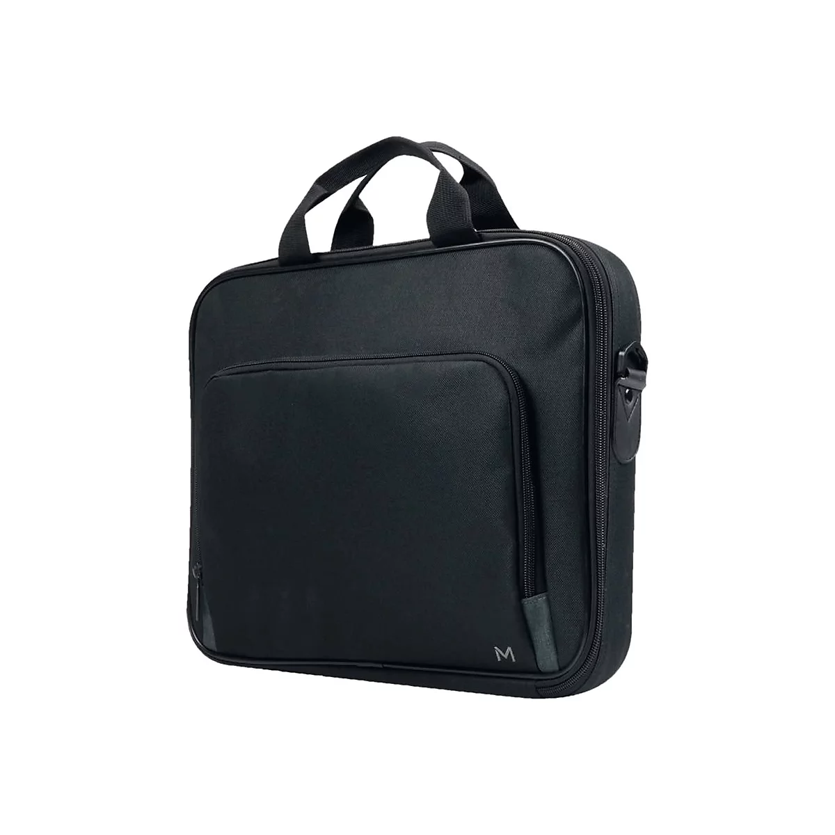 Schwarze Laptoptasche mit Griff, ReiÃŸverschluss und AuÃŸentasche. Auf der Tasche ist ein kleines M-Logo.