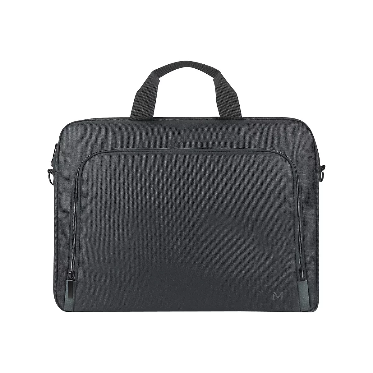 Schwarze Laptoptasche mit Tragegriffen und Reißverschluss. Auf der unteren rechten Seite ist ein „M“ abgebildet.