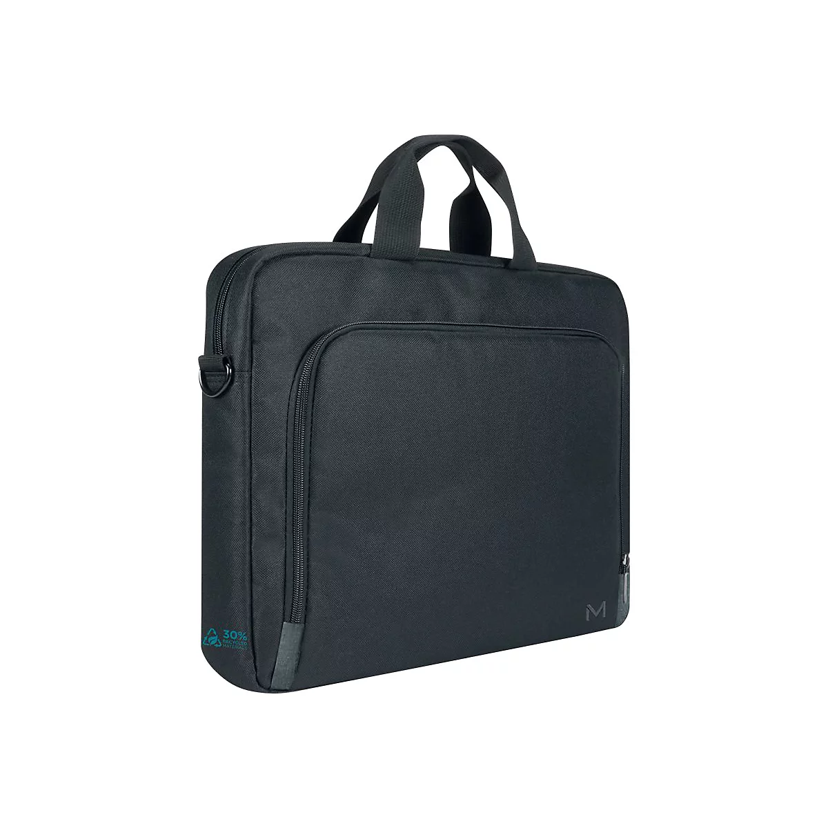 Schwarze Laptoptasche mit Tragegriff, Reißverschluss und kleiner Fronttasche. Am Boden steht '30% recycelte Materialien'.