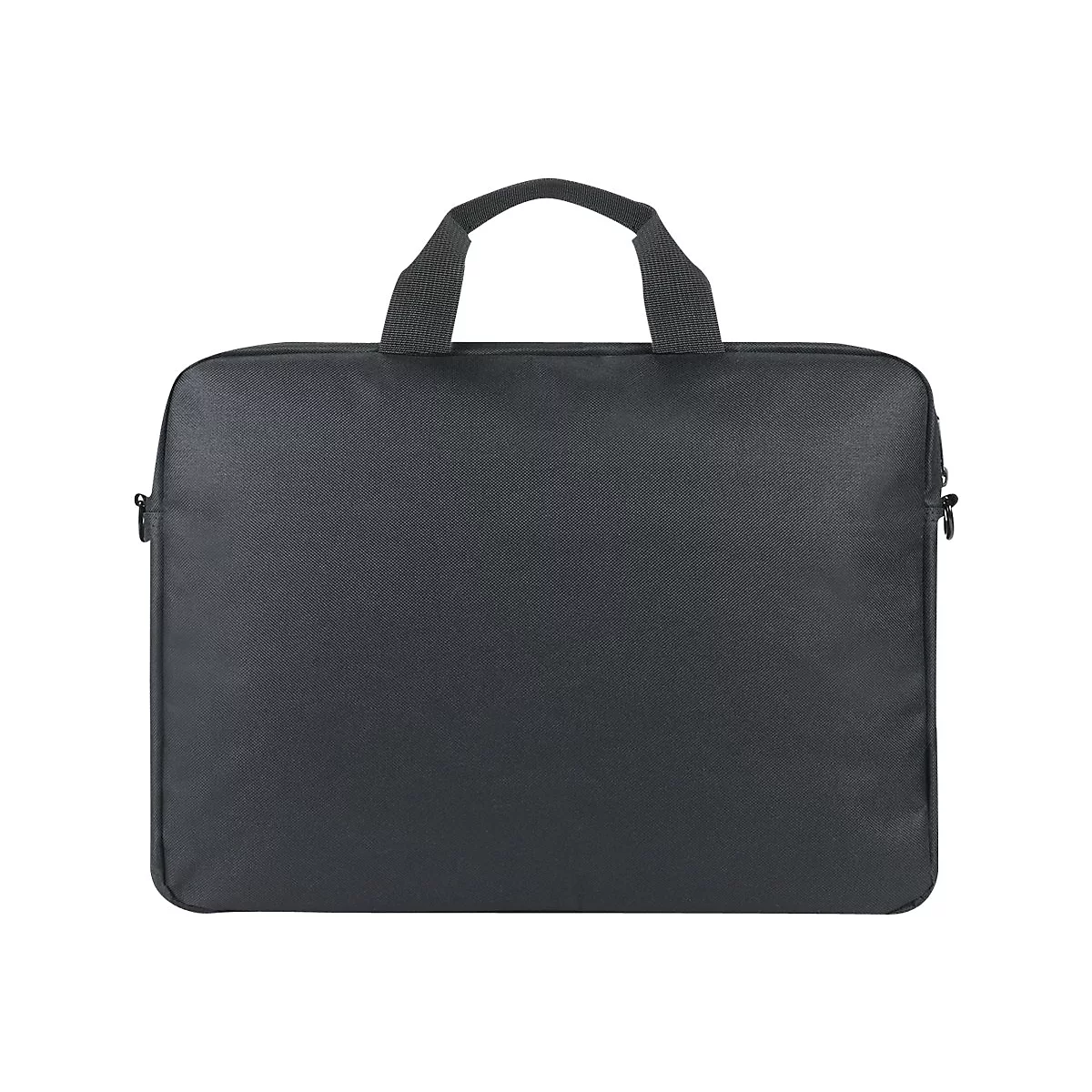 Schwarze Laptoptasche mit Tragegriff. Der Reißverschluss ist geschlossen.