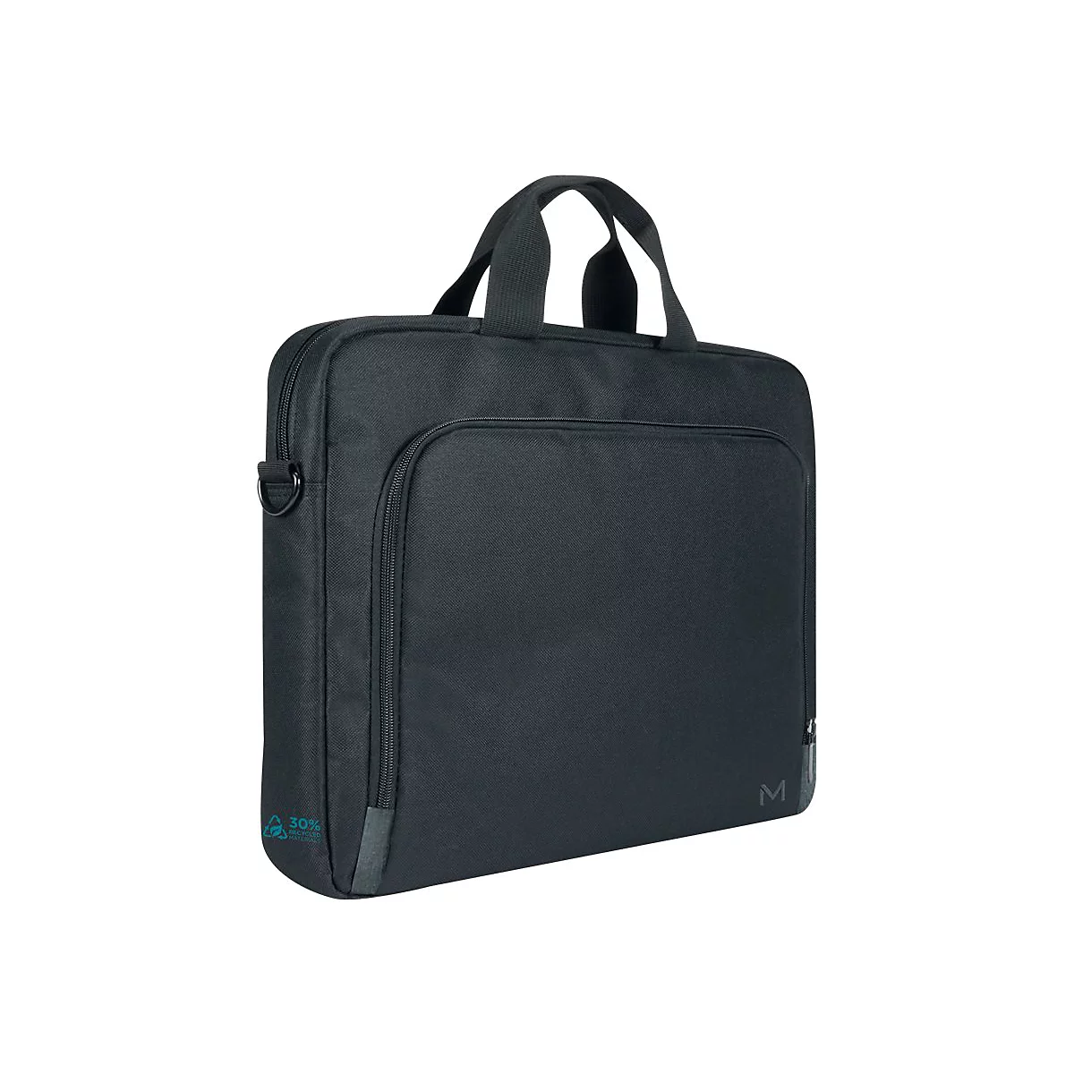 Schwarze Laptoptasche mit Tragegriff, Reißverschluss und Logo. Aufdruck: 30% recycelte Materialien.