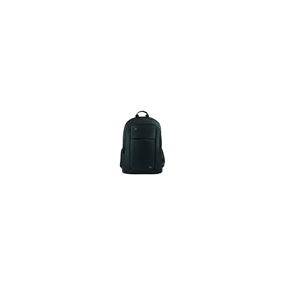 Schwarzer Rucksack mit einer kleinen blauen Markierung. Er hat eine vordere Tasche, Netzseitentaschen und einen Tragegriff.
