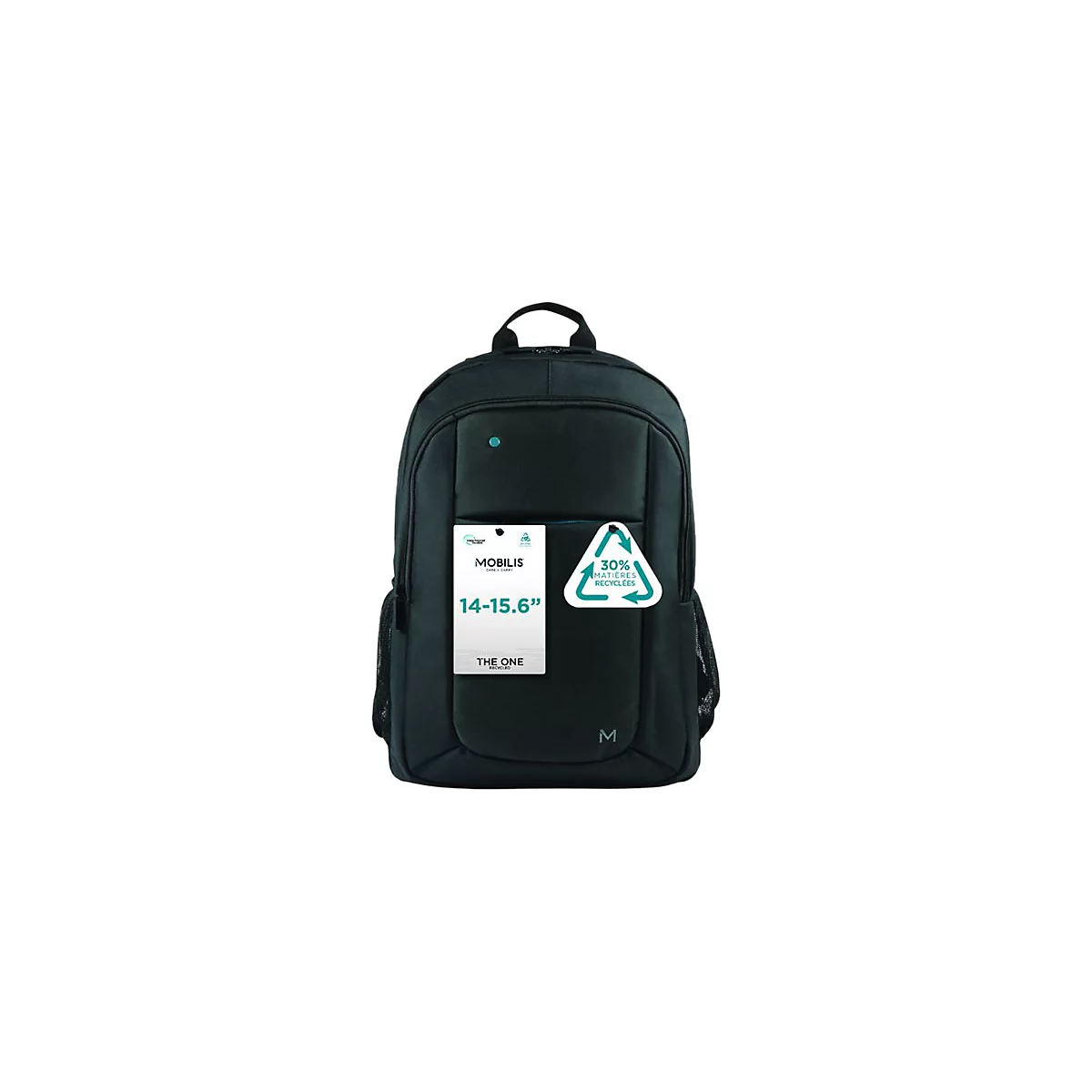 Schwarzer Rucksack mit Anhängern. Aufschrift: Mobilis, 14-15.6". Anhänger: 30% recycelte Materialien.