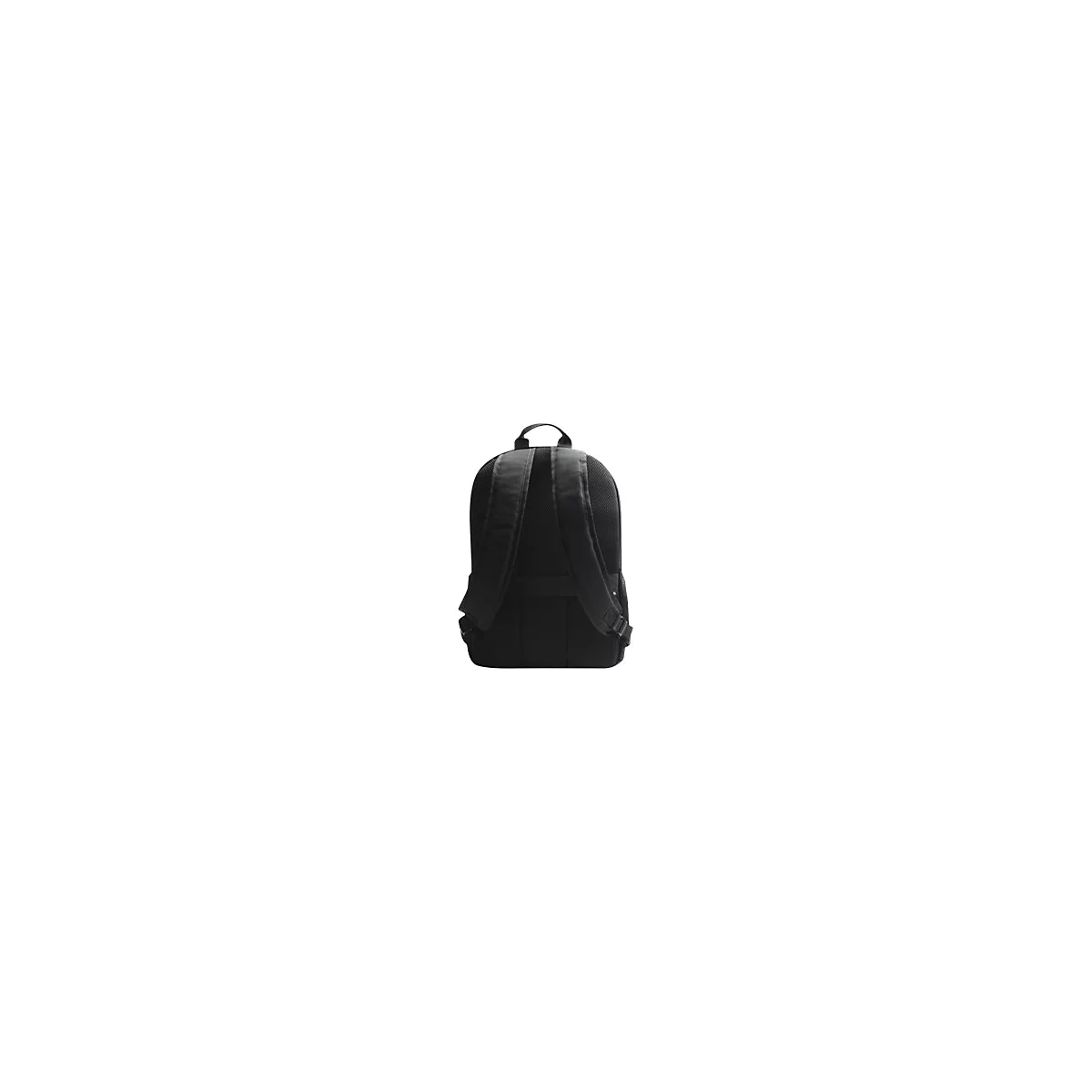 Schwarzer Rucksack von hinten, mit gepolsterten Trägern und Tragegriff.