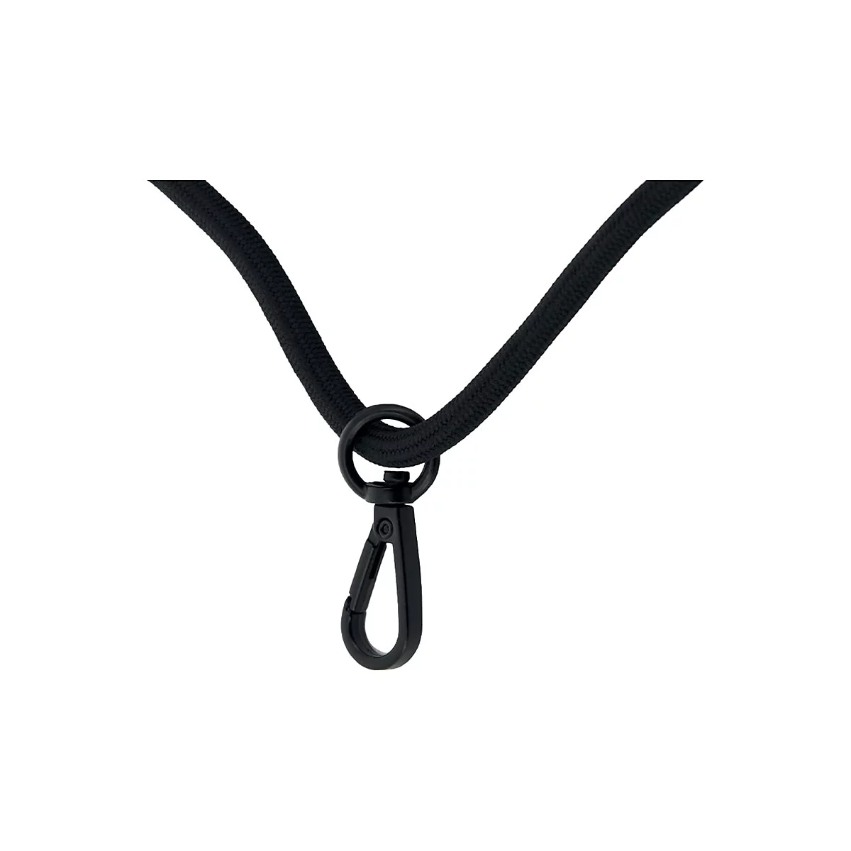 Schwarzes Band mit Karabinerhaken. Die Kordel ist an einem Ring befestigt, der mit dem Haken verbunden ist.